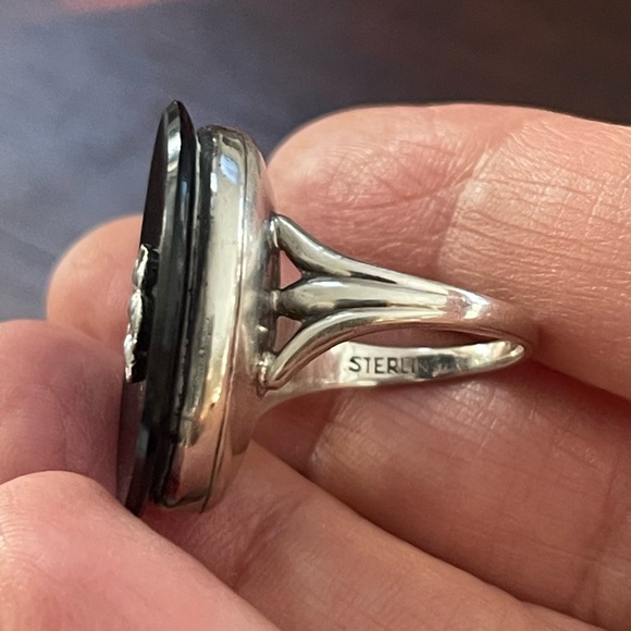 Antique Victorian style black onyx & pearl solid sterling silver size 6.75 ring - Picture 4 of 10